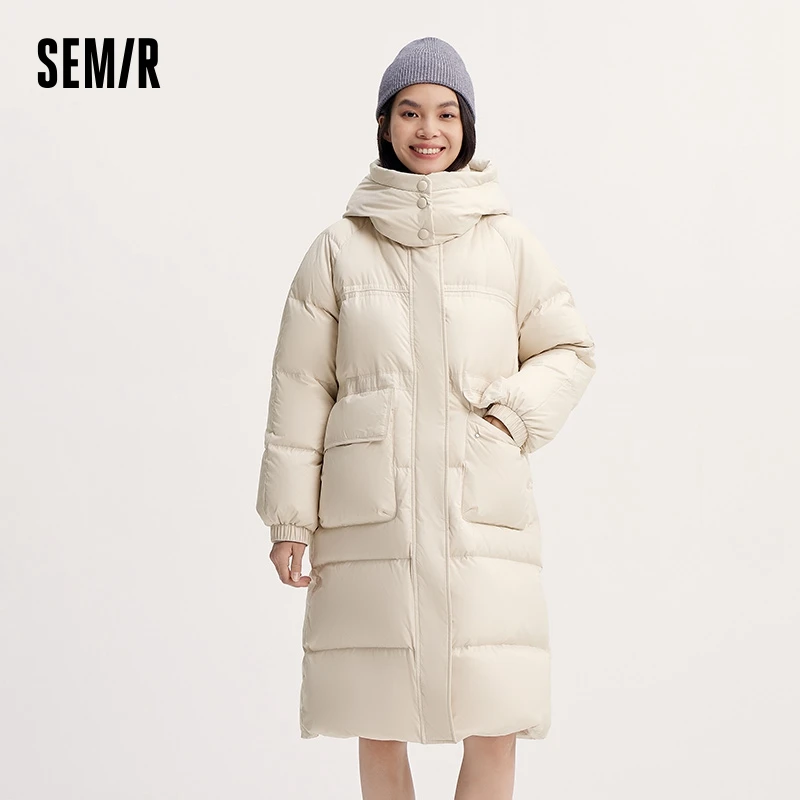 Semir Down Jacket Women Long Length Detachable Hooded 2024 New Winter Textured Winter Clothing