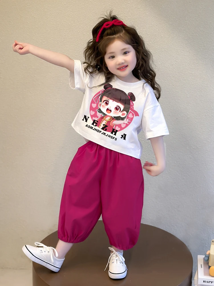 

Girls Summer ort Sve T-irt Set Casual Faion Cotton round Ne Pullover Two-Piece Outfit Little Na Tze for Kids