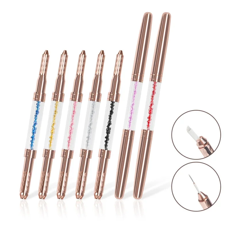 Rose Gold Cap Crystal Acrylic Embroidery Eyebrow Tattoo Manual Pen Double Head Lips Bleaching 2 Usage Fog Flat Round Needles PMU