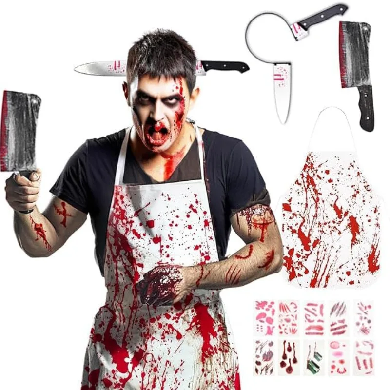 ชุดผ้ากันเปื้อนสีเลือดฮาโลวีน - เครื่องแต่งกายเนื้อน่าขนลุกพร้อมเลือดปลอมสําหรับปาร์ตี้สยองขวัญ, อุปกรณ์เสริมคอสเพลย์ที่น่ากลัว