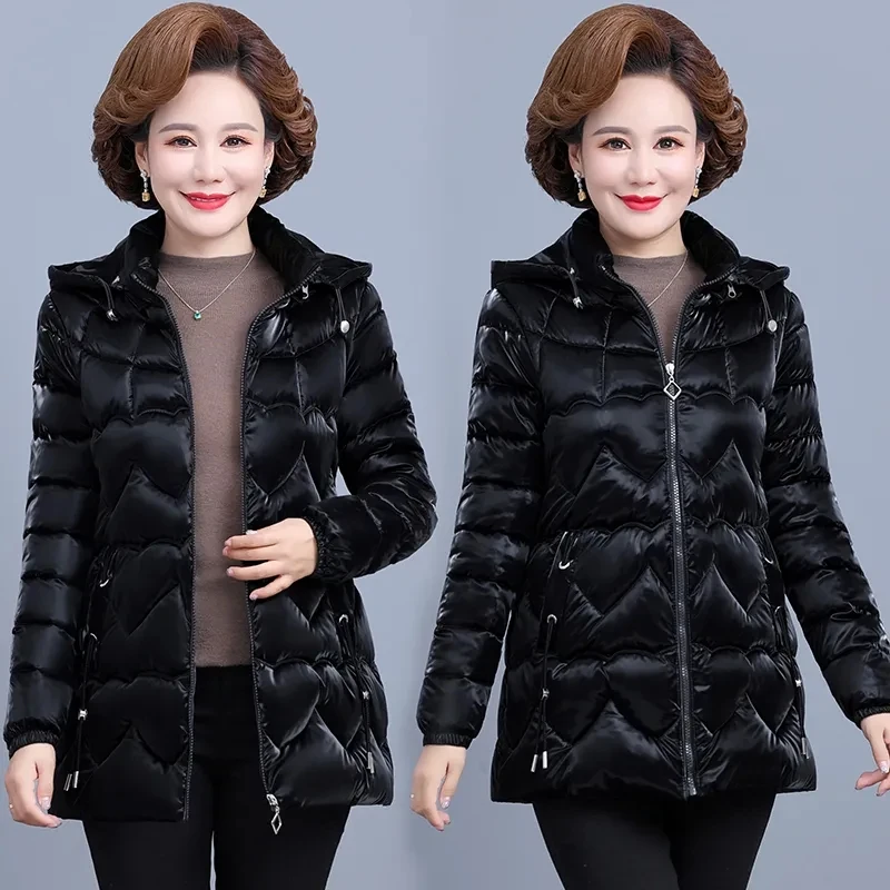 Middle Aged Mother Winter Jacket Fashion Glossy Down Cotton Parkas NEW Thicken Warm Hooded Puffer Coat Women Padded Outwear 5XL