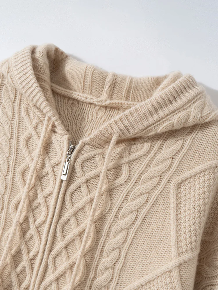 Damski sweter kaszmirowy 100%, gruby, z dzianiny w warkocze, rozpinany na zamek z kapturem, jesienno-zimowy, wysokiej jakości, kaszmirowa odzież dzianinowa, codzienna bluzka.
