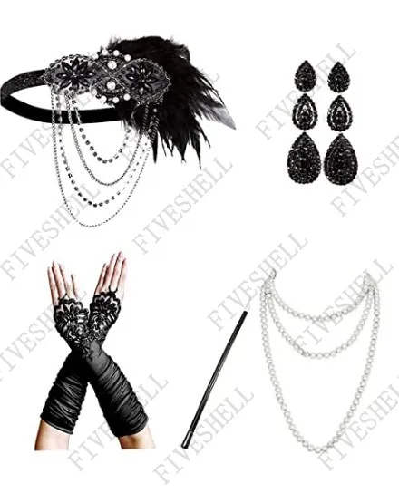 

1920s Great Gatsby Roaring Costume Accessories Flapper Feather Headband pearl Necklace Cigarette Holder Set with Earings