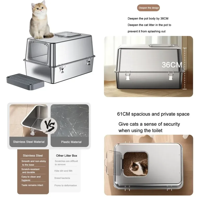 Stainless Steel Box with Lid Metal Cat Boxes Enclosed Kitty Box High Wall Cat Toilet with Pedal Non