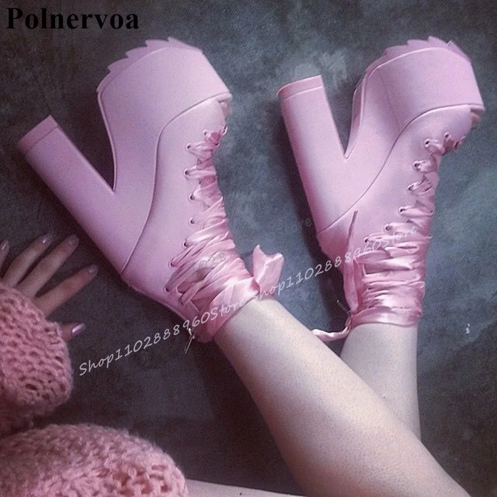 

Punk Style Pink Cross Strap Thick Soled Pumps Thick Heel Lovely Shoes For Women Back Zipper Peep Toe Fashionable Design Pumps