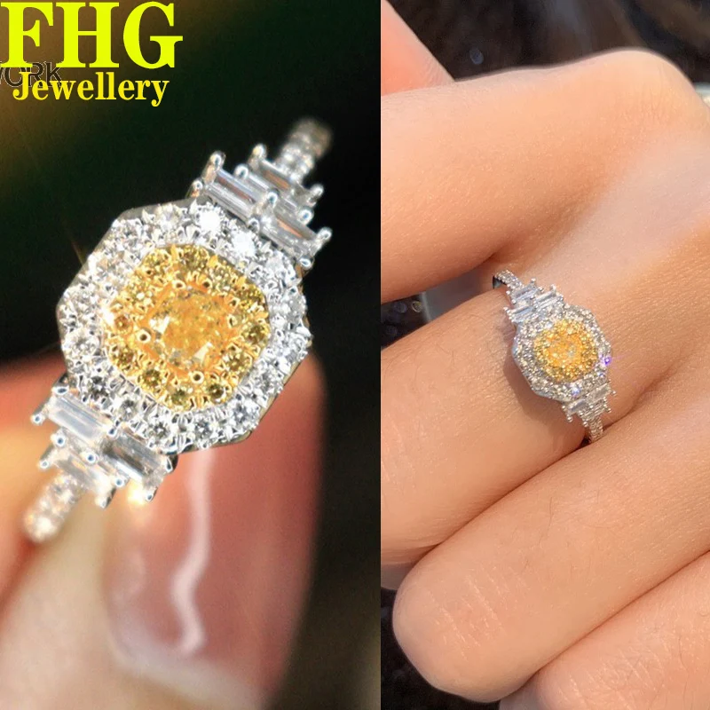 0.5Carat Diamond Soild 18K White Gold Natural Cushion Yellow Diamond With white diamond Ring Ladies Birthday Party Gift Jewelry