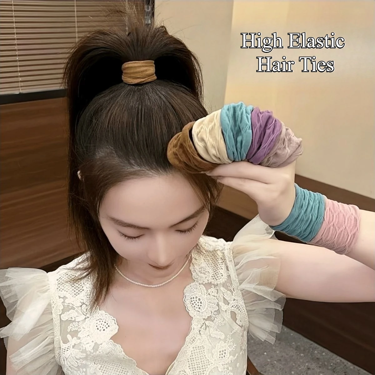 5 Pieces Colored Jacquard Hair Tie Women Hair Accessories Fashion High Ponytail Headwear High Elastic Elegant Hair Bands Girls