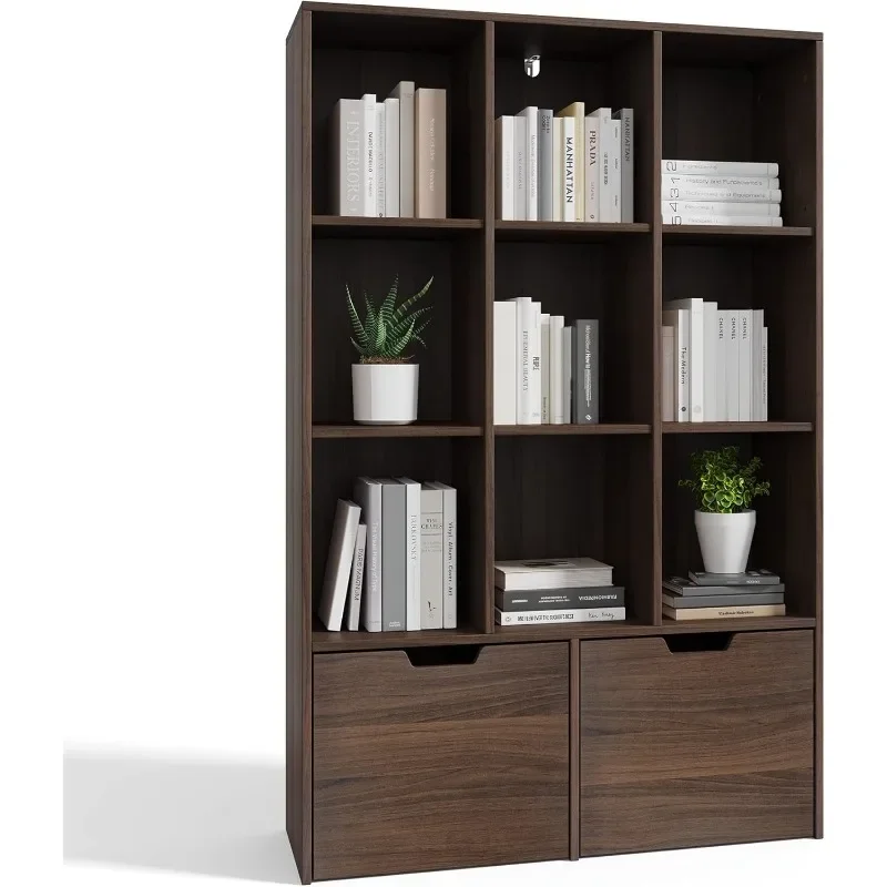 

Bookcase Modern Bookshelf with 9 Cubes Open Shelf and 2 Drawers, with Waterproof Material