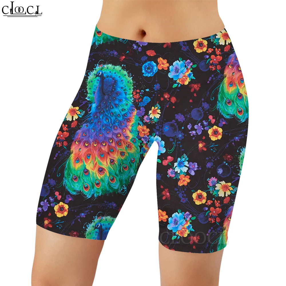 CLOOCL-mallas con estampado 3D degradado de plumas de pavo real para mujer, pantalones cortos ajustados sexys para gimnasio, entrenamiento y trotar