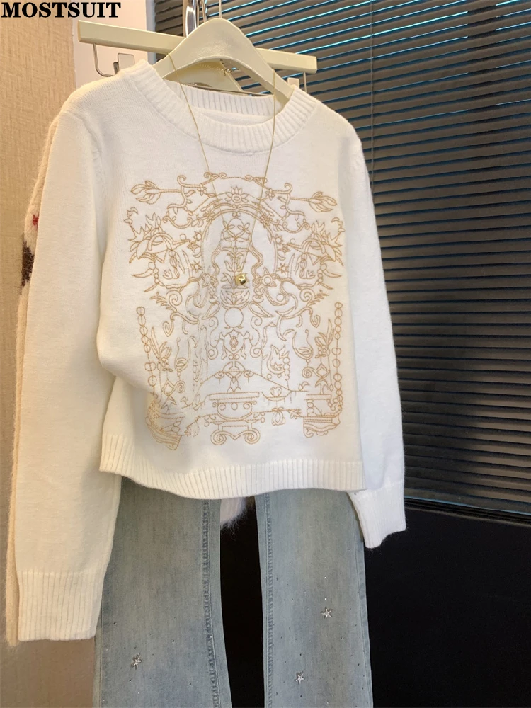 

Embroidered Vintage Knit Sweater Knitwear Women 2026 Spring Long Sleeve Fashion Elegant Pullover Tops Stylish Chic Ladies Jumper