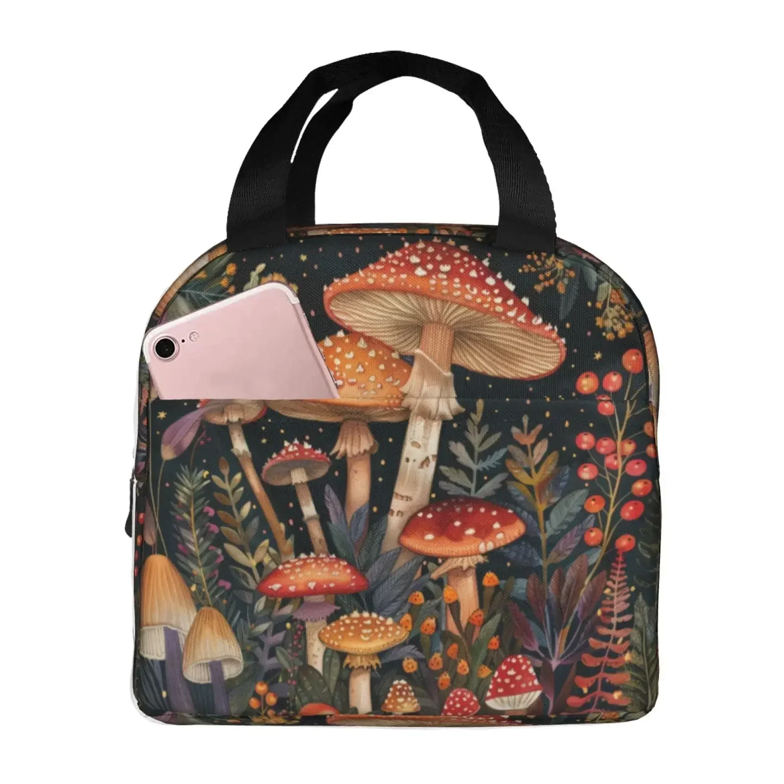 Mushroom & Forest Pattern Insulated Lunch Bag - Natural Fairy - tale Style Thermal Tote with Side Pocket, Ideal for Nature Lover