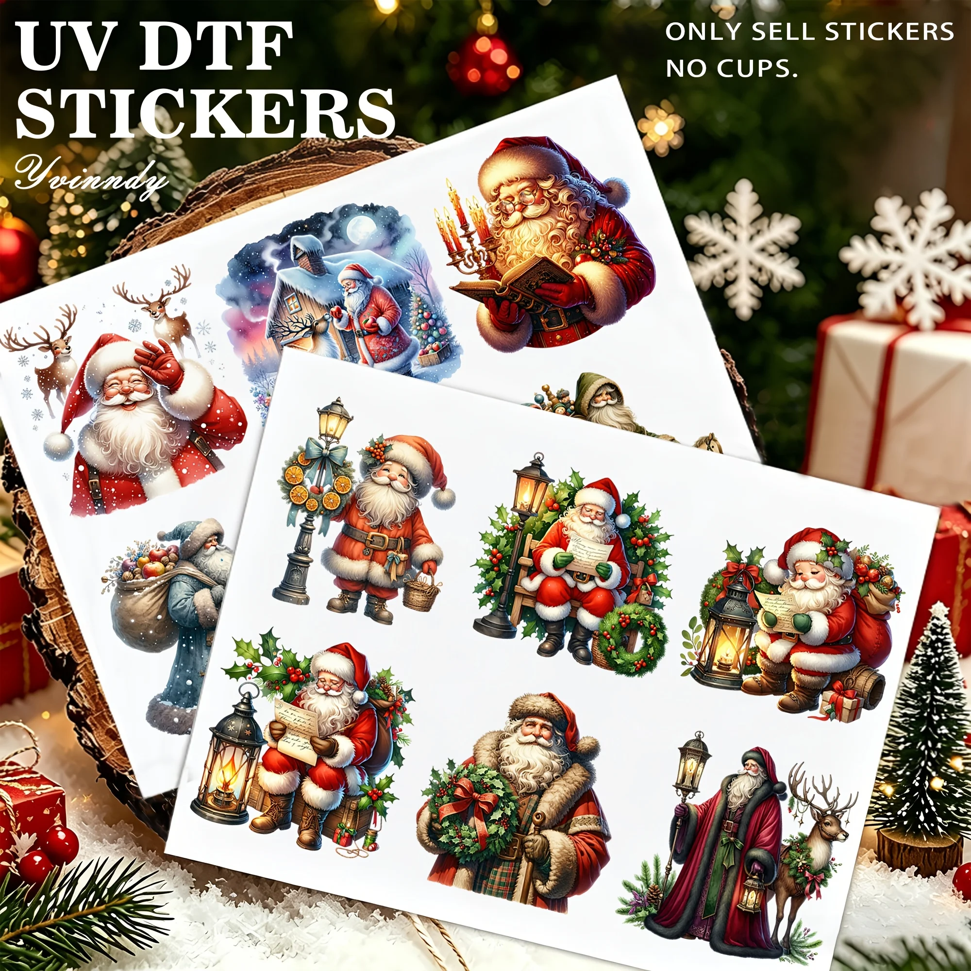 12Pcs/Set Vintage Watercolor Santa Claus Glass Jar Packaging Stickers UV DTF High Self Adhesive Transfer Paper