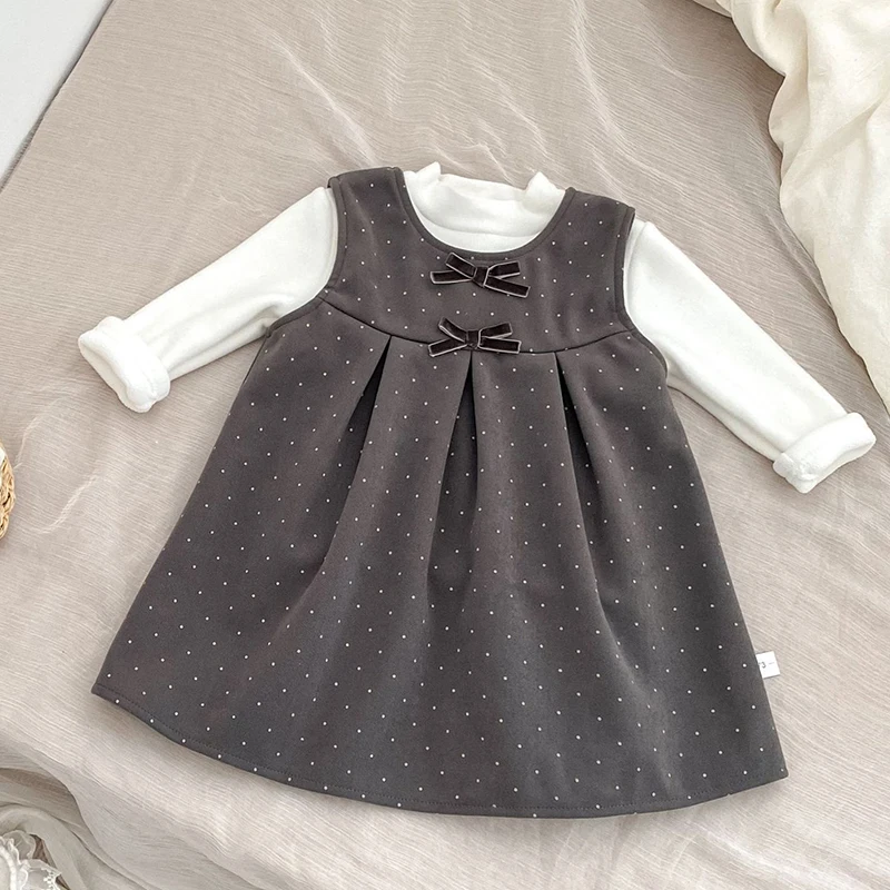 

2025 New Autumn Winter 1-5Yrs Kids Clothing Suit Baby Girls Clothing Set Long Sleeved Cotton T-shirt Sleeveless Velvet Dress