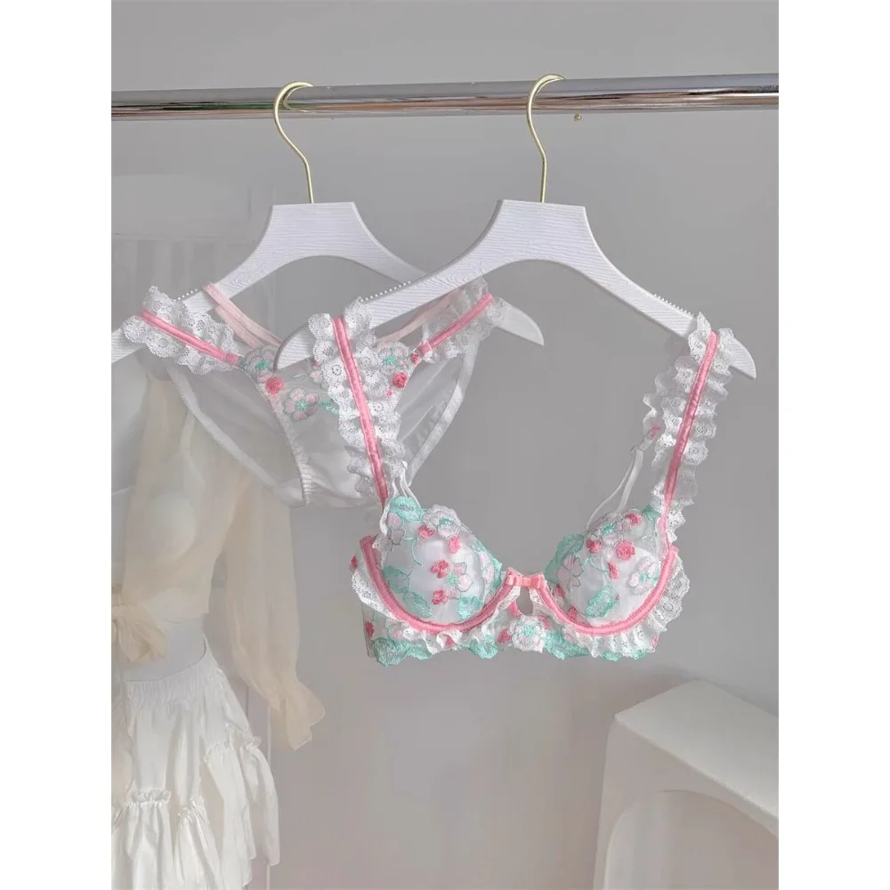 French Summer Thin Lace Embroidery Bra Set Women Sweet Pure Aesthetic Push Up Anti Sag Lingerie Breathable Ladies Underwear Suit