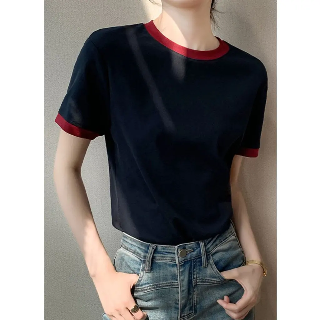 

Women's Slim Fit Short-Sleeved T-Shirt round Neck Contrasting Colors Cotton Top for Summer New Fashion Style