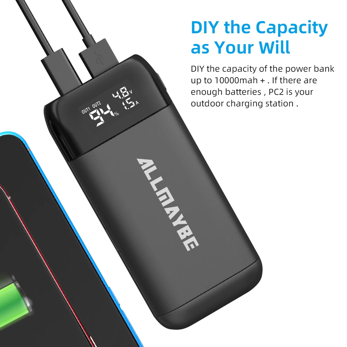 PC2 2-in-1 Battery Charger and Portable Power Bank – For 18650 and 21700 Batteries, Ideal for Smartphones and Outdoor Use