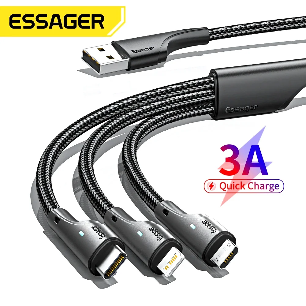 Essager 3 in 1 Fast Charging Cable For iPhone 14 13 Pro Max Huawei Samsung Micro USB Type C Cable Mobile Phone Charger Cord