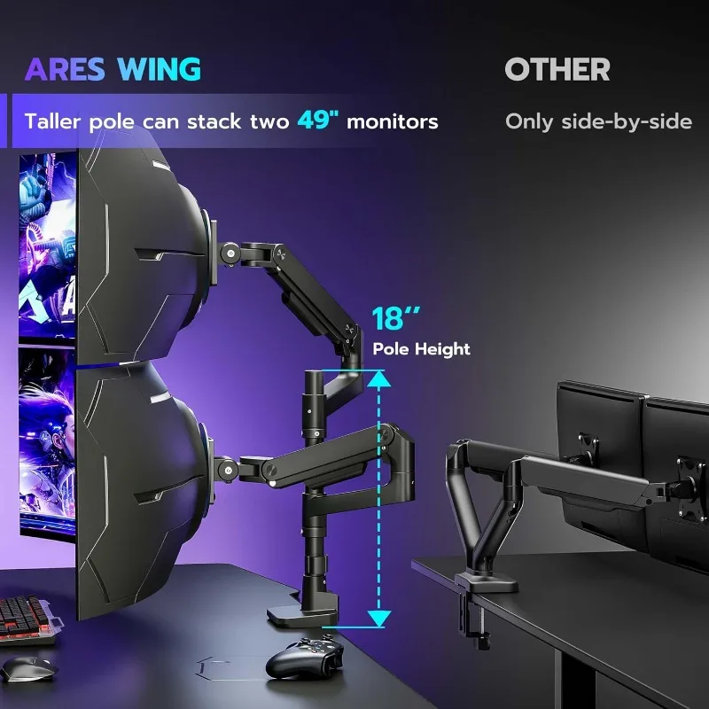 Supporto da scrivania con braccio doppio per monitor per monitor ultra larghi da 17-49 pollici, supporto per doppio monitor resistente può contenere 44 libbre, movimento completo
