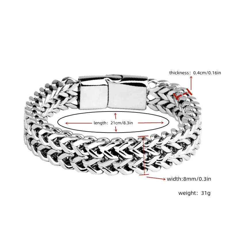 Hip Hop Stainless Steel Braided Double Row Front and Back Fish Scale Magnetic Buckle Bracelet with Keel Jewelry