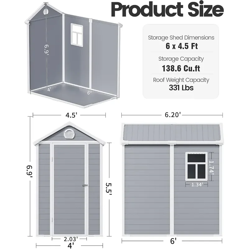 6x4.5 FT Plastic Sheds Outdoor Storage UV Resistant Storage Sheds Outdoor with Floor and Window All-Weather Garden Resin Tool