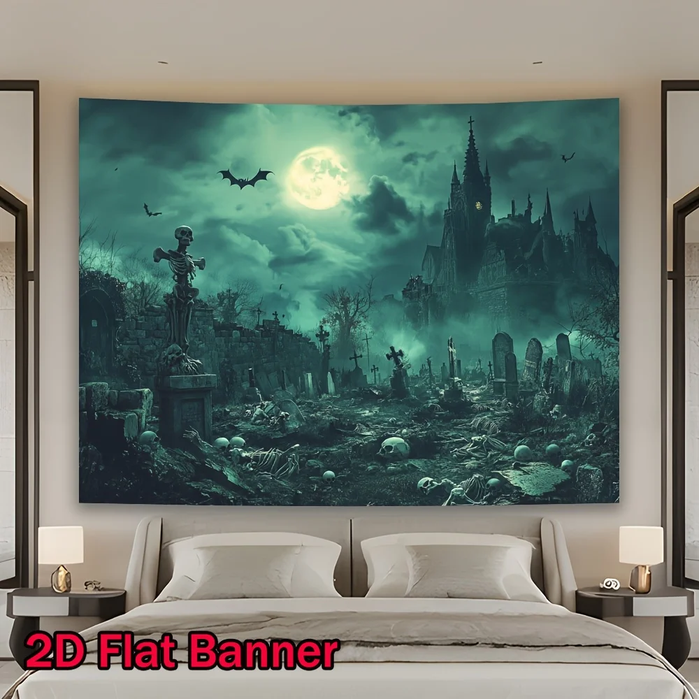 2D Flat, Gothic Graveyard Scene Tapestry Wall Hanging - Eerie Skeletons, Bats & Haunted Castle Design with Full & Tombstones - D