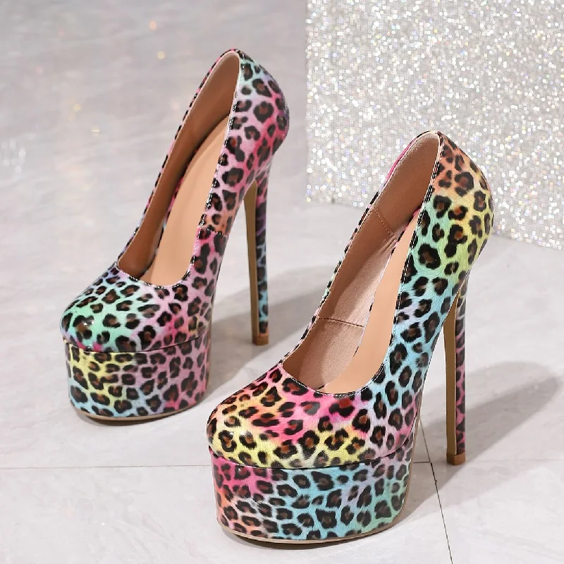 

Women's Colorful Rainbow Leopard Print Round Toe Slip on Thick Platform Stiletto Heel Pumps,Nightclub Party Footwear,Drop Ship