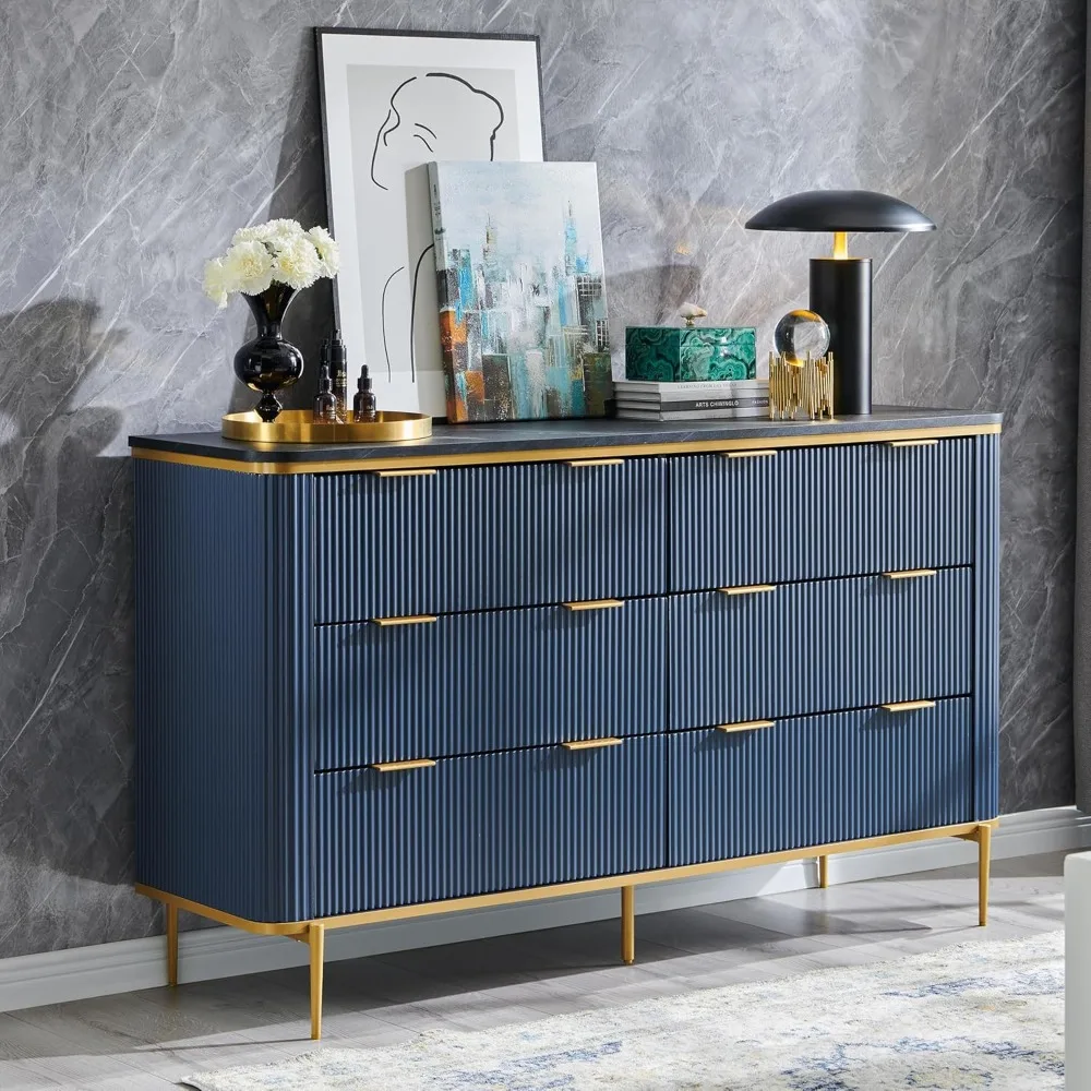 

Fluted 6 Drawers Dresser for Bedroom, 54" Wide Modern Dresser TV Stand, Gold Accents, Fluted Fronts, Wood Storage Dressers
