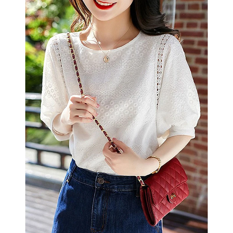 

Fashion O-Neck Solid Color Embroidery Hollow Out Blouses Female Clothing 2024 Summer New Loose All-match Tops Sweet Shirts