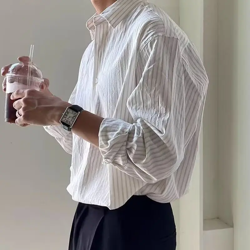 Men's French Vintage Striped Shirt Spring Casual Fashion Loose Male Lapel Long Sleeve Single-breasted Commute Shirts
