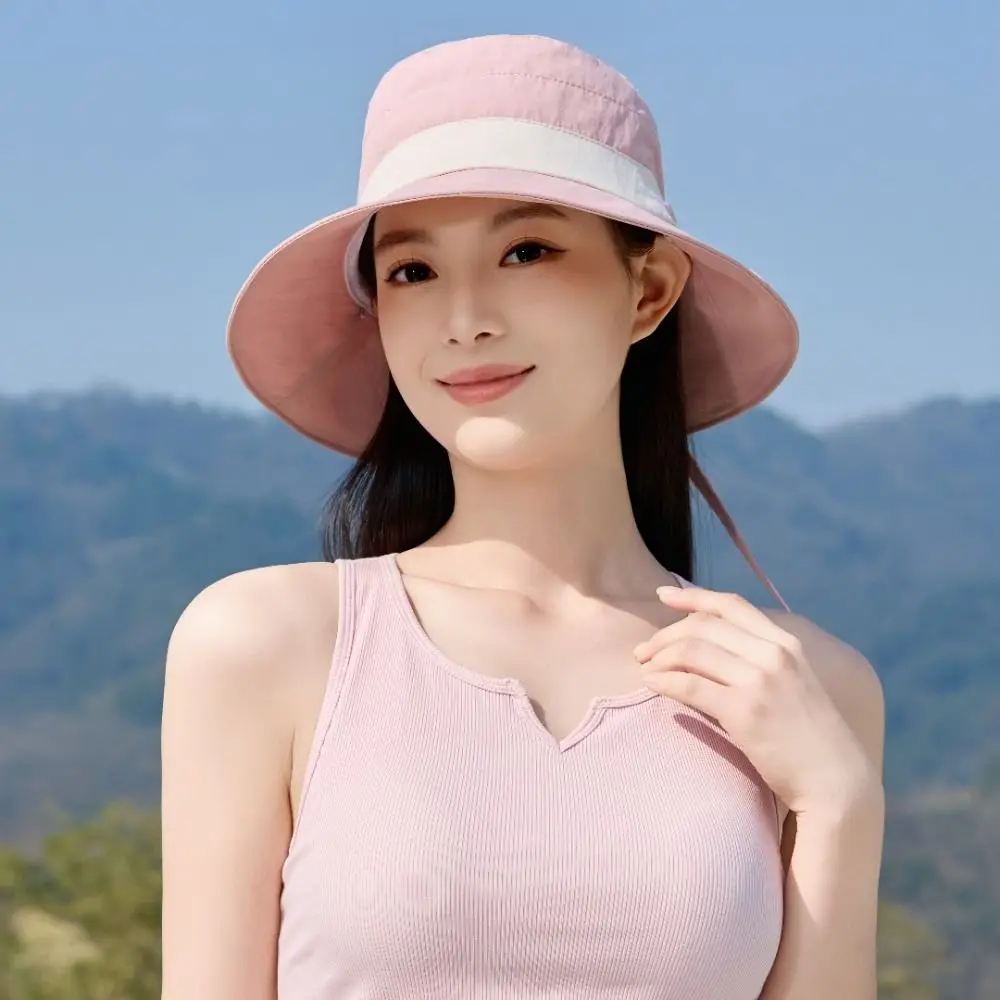 

2025 New Bow Decoration Fisherman Hat Windbreak Rope Lace-up Sunscreen Hat Solid Color Thin Tie Bucket Cap Summer
