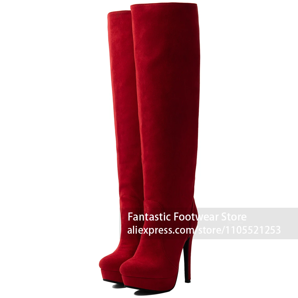 Bright Red Suede Upper Platform Boots Round Closed Toe Design Women Knee High Fashion Boots Soft Suede Slip-on Shaft High Boots