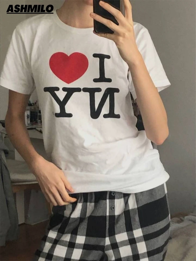 I Love Heart NY Letter Print Streetwear Summer Fashion Tee Grunge Goth Clothes Crop Top Harajuku Y2k Women\'s T-Shirts Femme