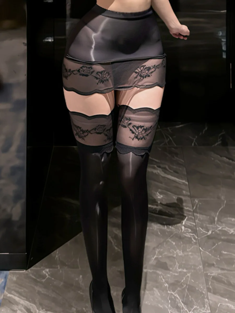 

Глянцевые сексуальные чулки Сексуальная блестящая облегающая мини-юбка SM Прозрачная черная юбка с кружевным краем Гладкая сетчатая кружевная юбка Pure Desire OI3H