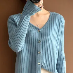 Jesień Casual Loose V-neck Knit Cardigan Odzież damska Moda Uniwersalne swetry z długim rękawem i guzikami Lady Streetwear Solid Tops