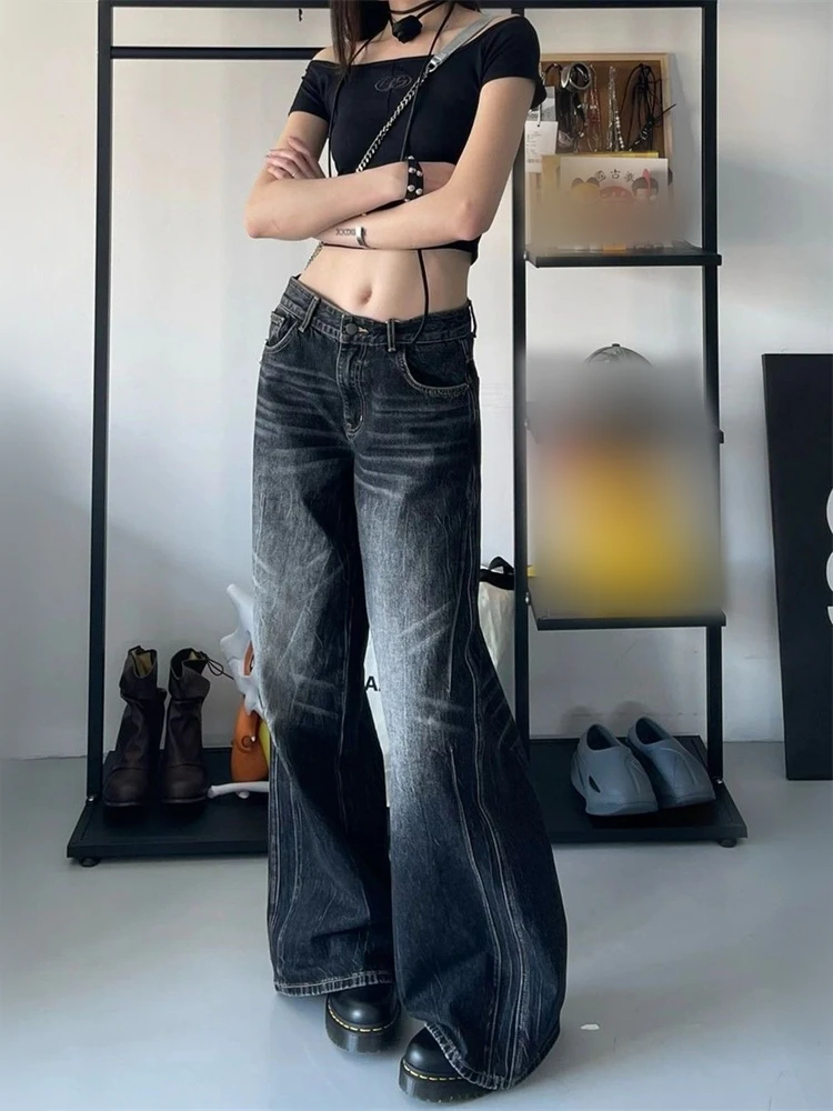 

Women's Vibe Straight Wide Leg Wash Black Unisex Jeans Cool Girl Street Bottoms Fashion Trousers Female High Waist Pants