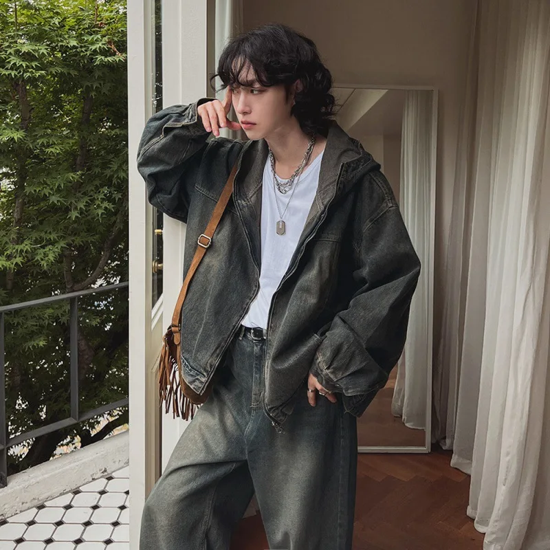 High Street Retro Zipper Denim Jacket for Men Fashion Korean Style Loose Hooded Jacket Coats+baggy Jeans Suit Y2k Streetwear Men