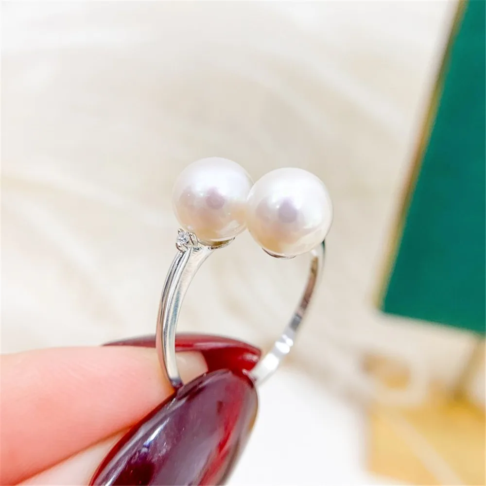 

DIY Pearl Mini Accessories S925 Pure Silver Ring Empty Double Bead Edition Ring Silver Set Fit 7-9mm Round Beads Z190