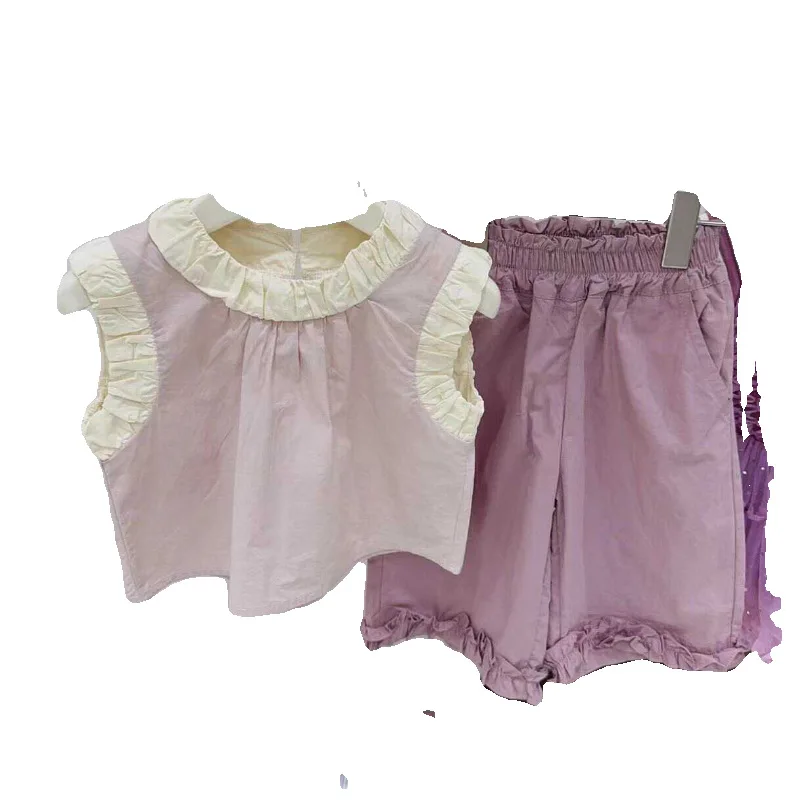 1-10Y Taro purple summer baby girl cute set girls cotton vest + eight trousers outing two-piece set 90 100 110 120 130cm