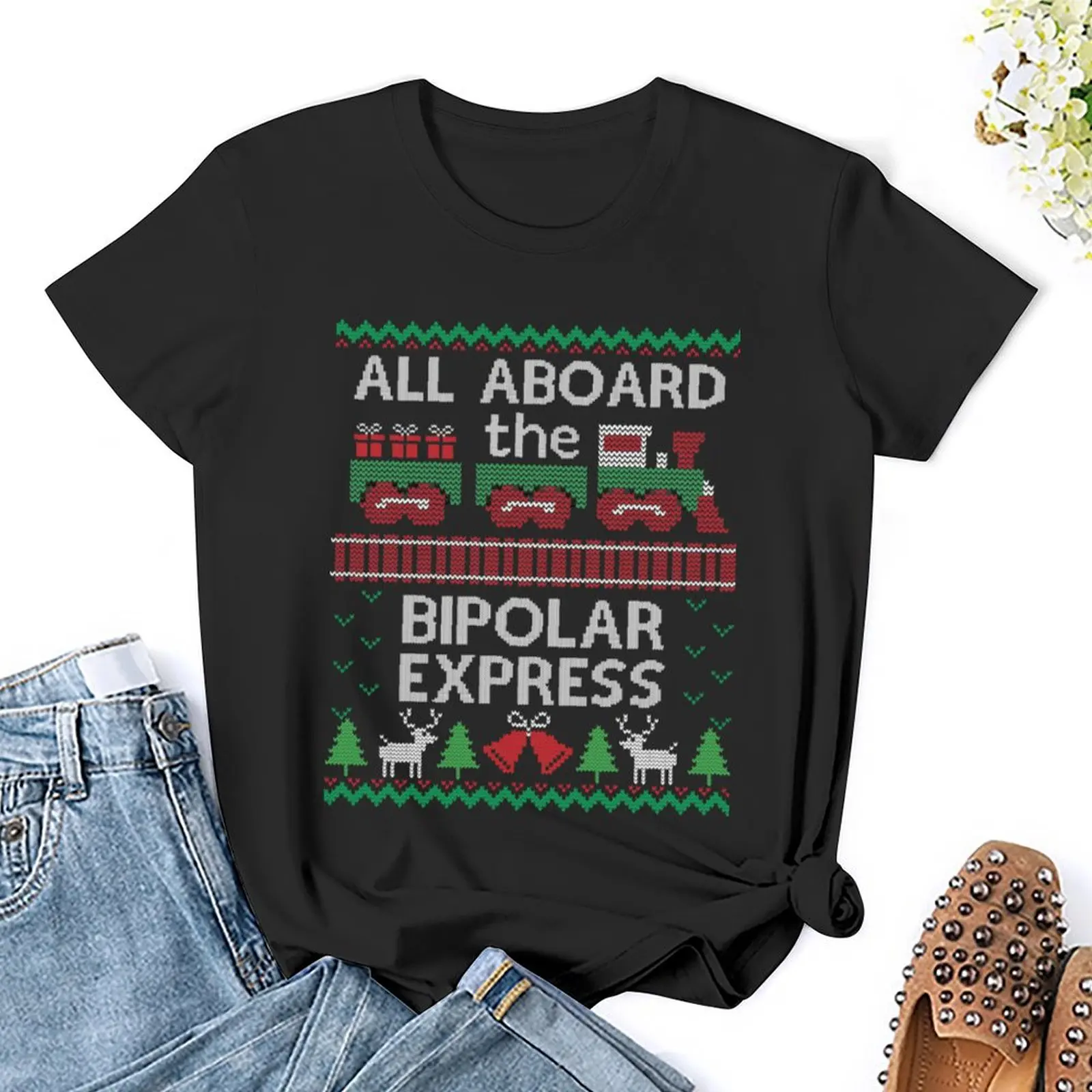 Ugly Christmas Sweater Bipolar Express T-Shirt summer tops shirts graphic tees graphics T-shirt Women