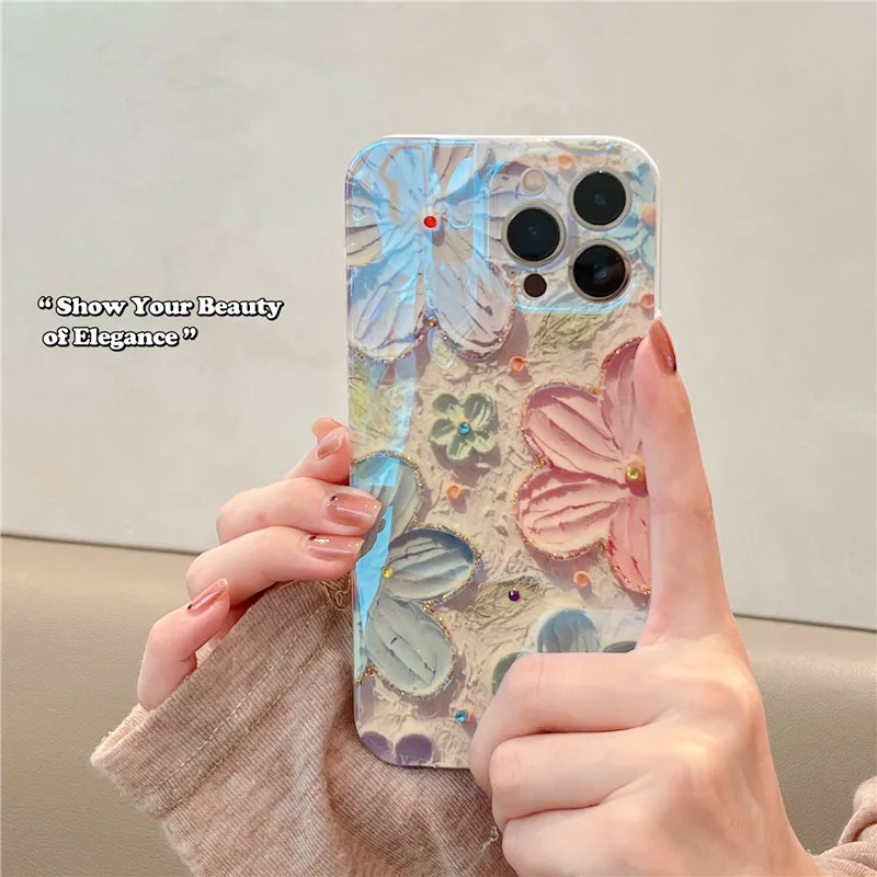 Fashion Flowers Glitter Laser Phone Case For iPhone 11 12 13 14 15 16 Pro Max XS MAX  Luxury Soft Shockproof Cover