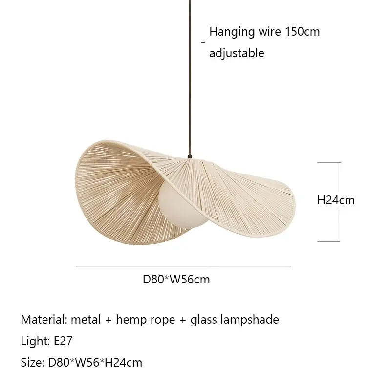 Cream Style Woven Lamp Retro Wabi Sabi Creative Straw Hat Pendant Light for Restaurant Bedroom Cotton and Linen Hanging Rope