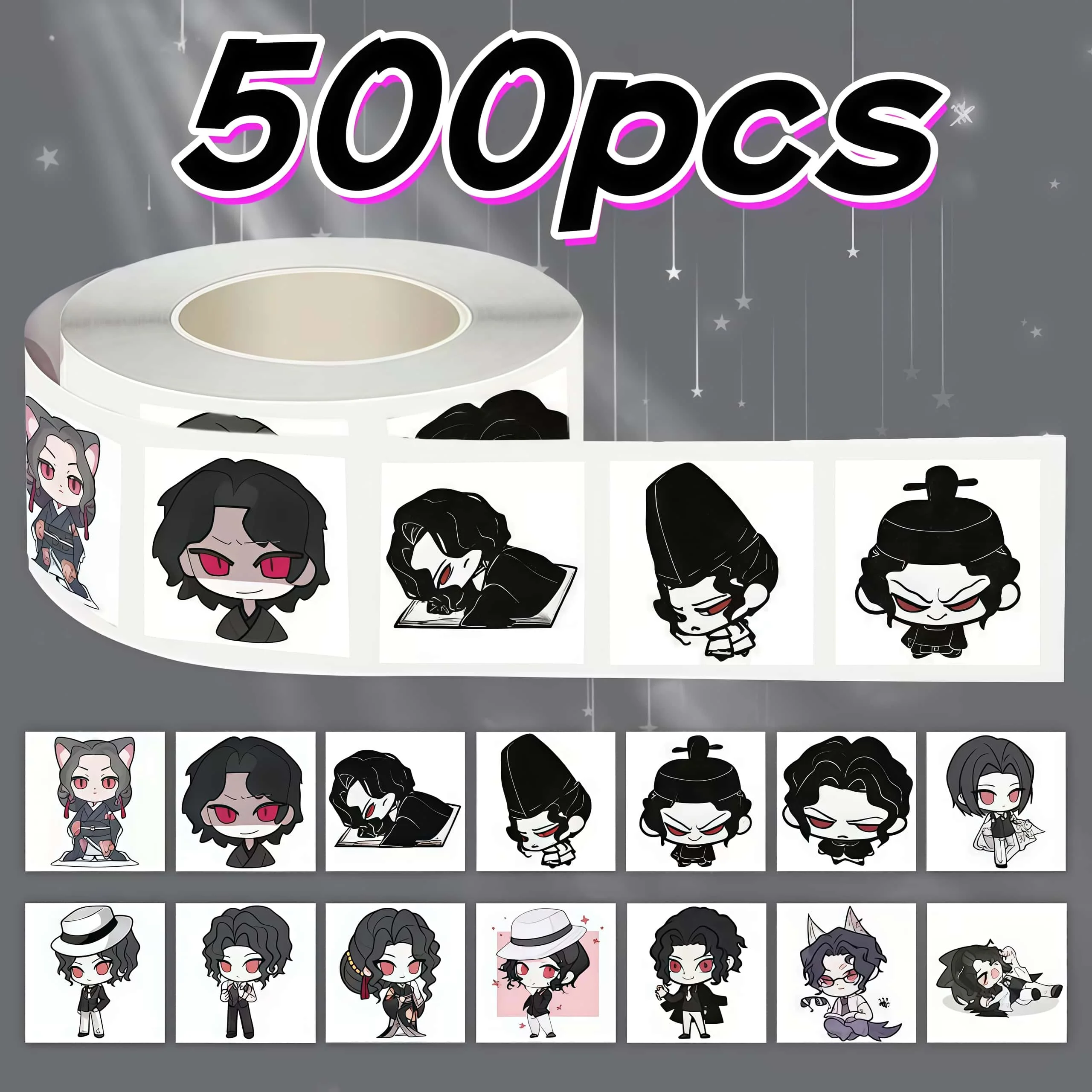 500Pcs Demon Slayer Muzan Kibutsuji Sticker Roll, Dark Chibi Red Eyes Anime Character Labels for Packaging Sealing & Journal DIY