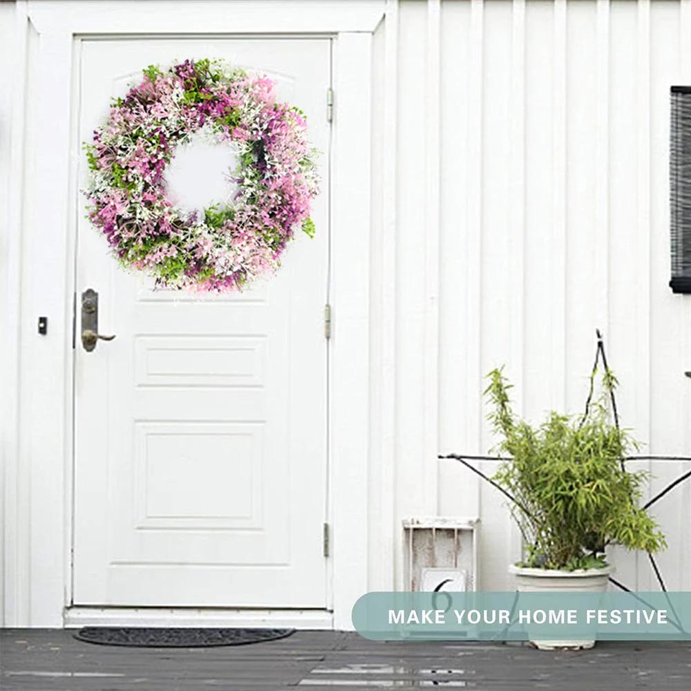 1PC Spring Wreath for Front Door,14.17in Pink Flowers And White Leaves Wreath for Indoor and Outdoor Decor