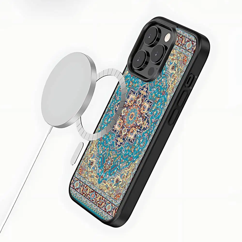Etui na iPhone'a 17, 16, 15, 14, 13, 12, 11, Pro, Max, Plus, Mini, SE4, z wzorem perskiego dywanu, z obsługą ładowania bezprzewodowego Magsafe.