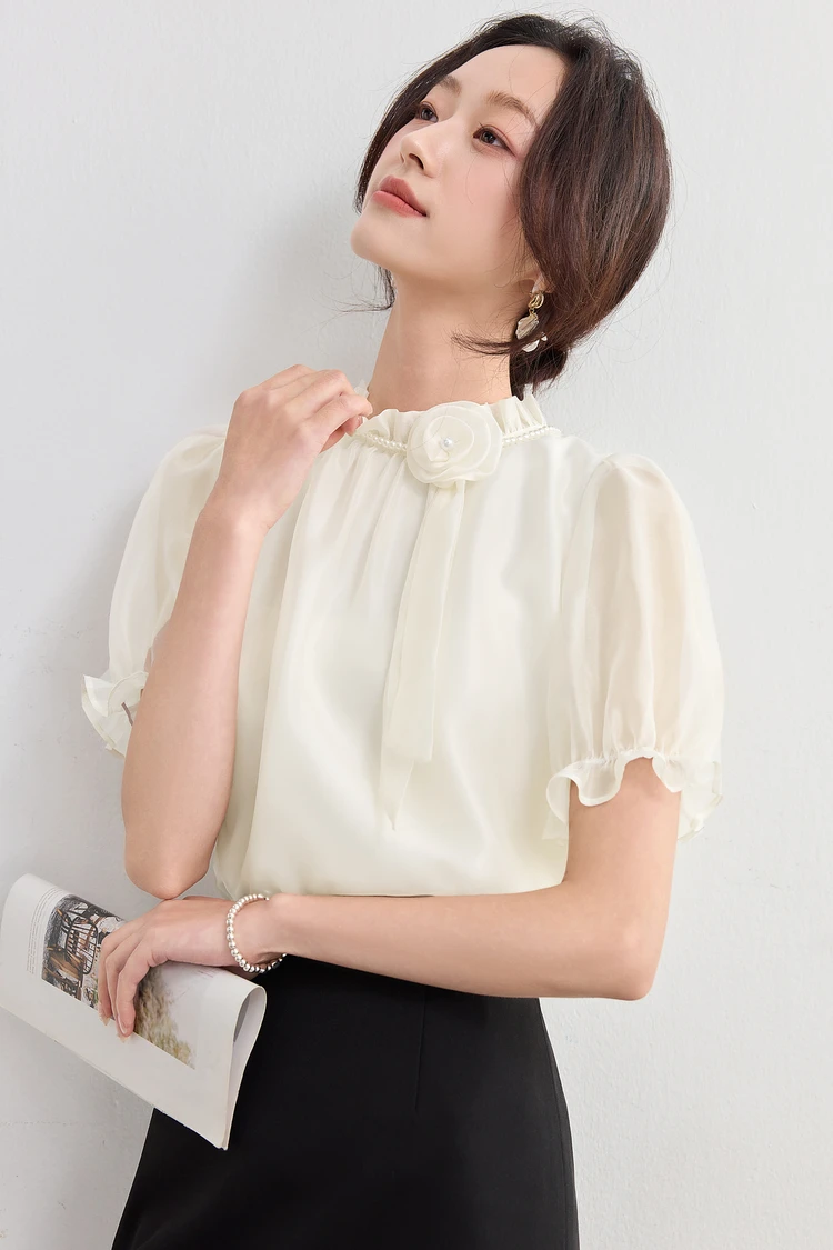 

SENTUBILA Women Chiffon Blouse 2025 Elegant Flounces Sleeve Tops Office Wear Rose Floral Shirt Summer Women's Clothing 152VA1938