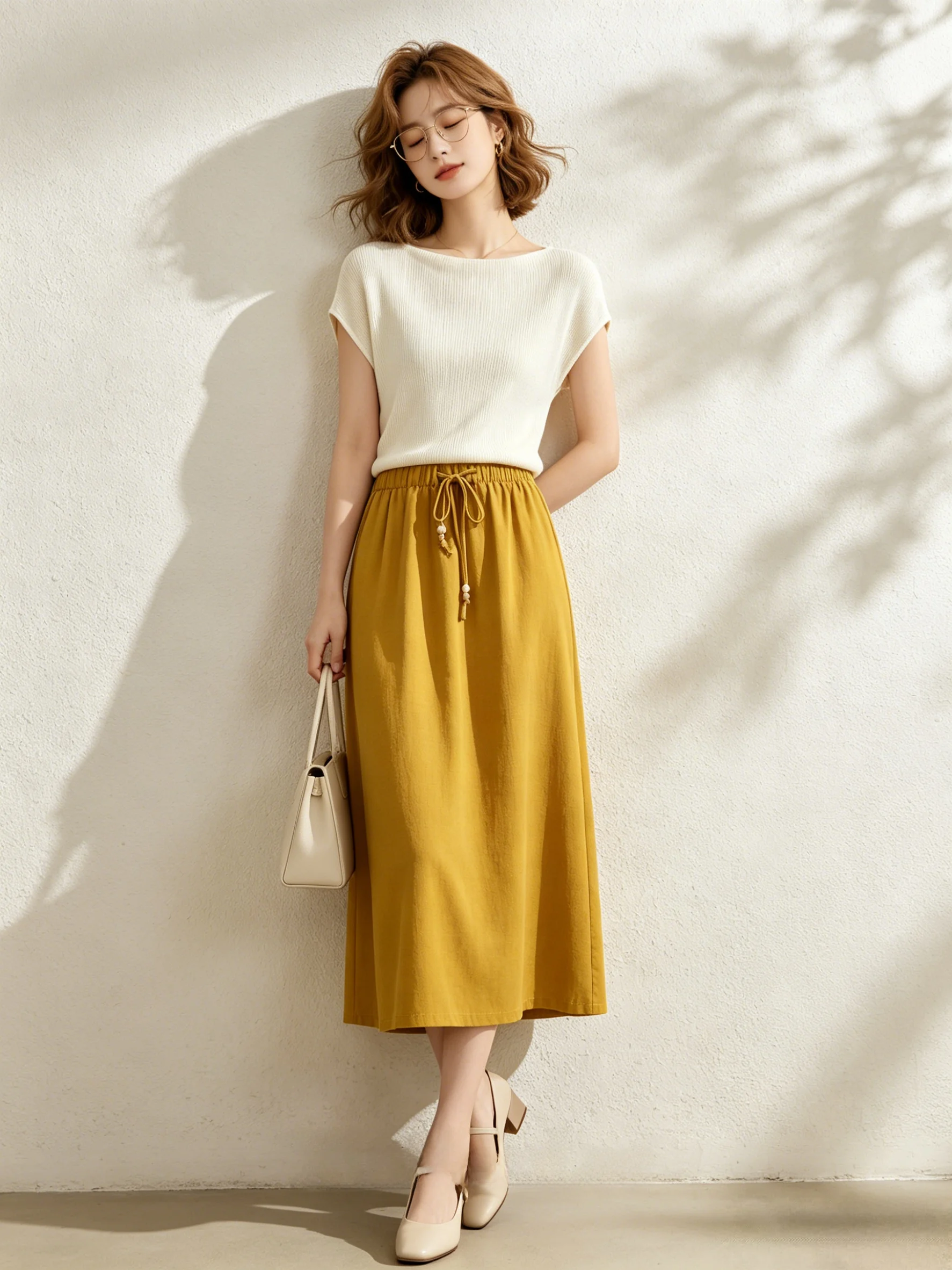 

High Waist A-Line Midi Skirt Korean Style Yellow Straight Cut Summer New Loose Fit Breathable Skin-Friendly Versatile Skirt