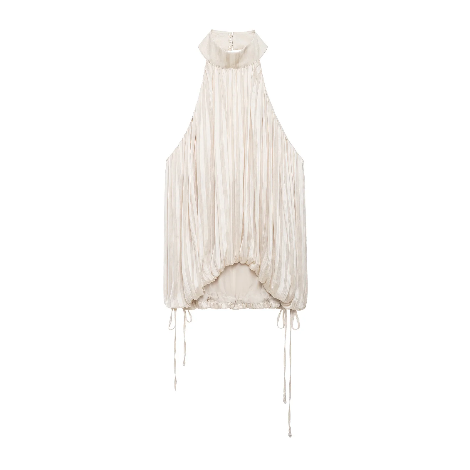 Fanan Women Fashion Beige Pleated Lace Up Backless Tank Tops Vintage Halter Neck Sleeveless Female Chic Lady Tops