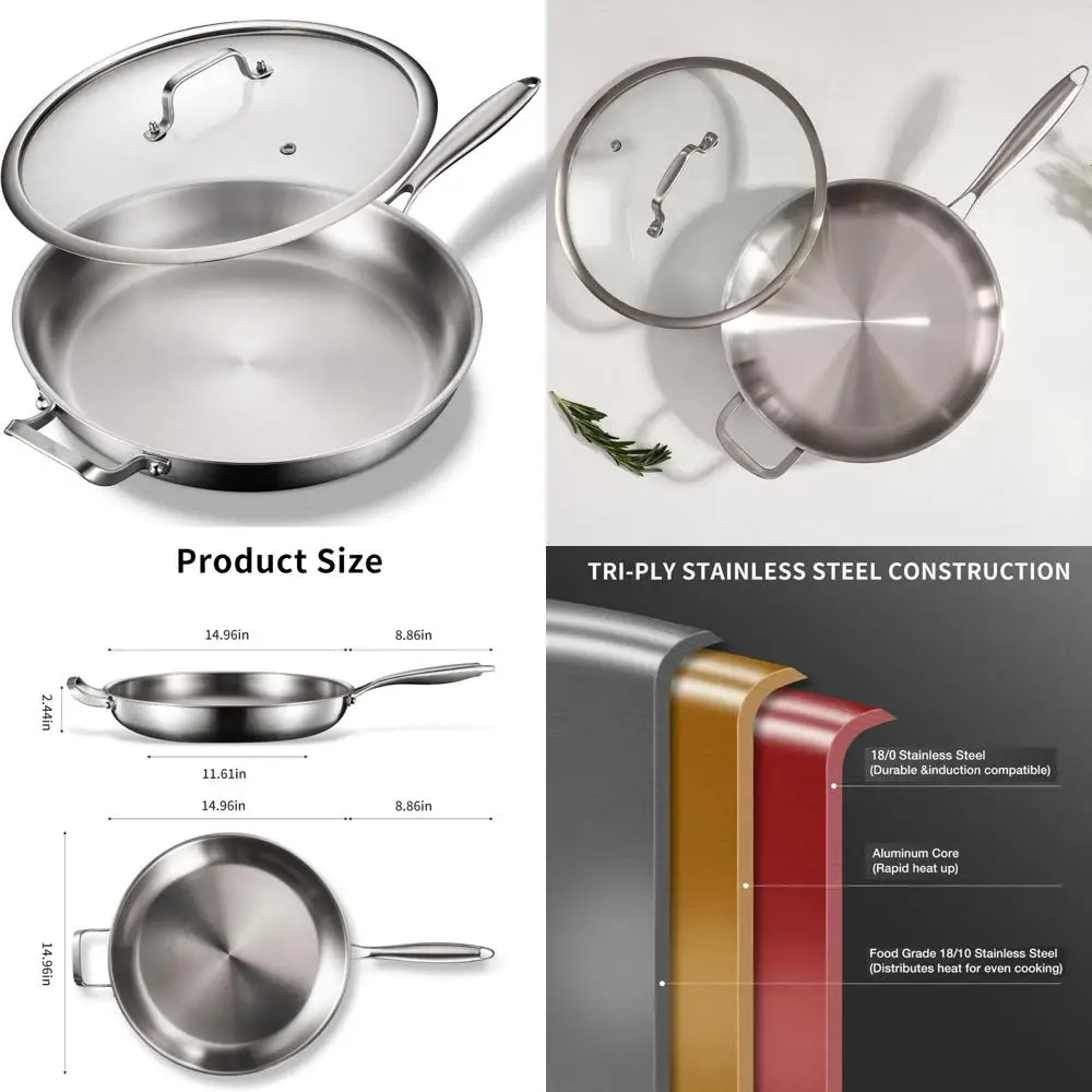 

Stainless Steel Frying Pan 14.2 Inch, Tri-Ply Skillet with Lid, Oven Safe to 600℉, Fast Cooking, Durable Cookware for Everyday U