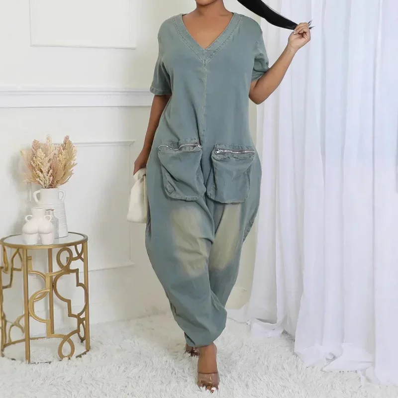 

Vintage Big Pocket Washed Denim Jumpsuit Women's Streetwear Do old Loose V-neck Short Sleeved Back Zipper Jumpsuits