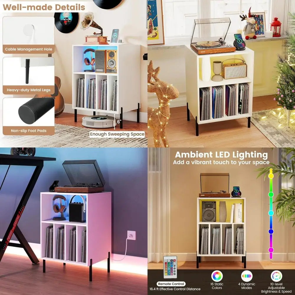 

Подставка для проигрывателя винила с LED-подсветкой, зарядным портом и местом для хранения пластинок, белая, для гостиной или музыкальной комнаты